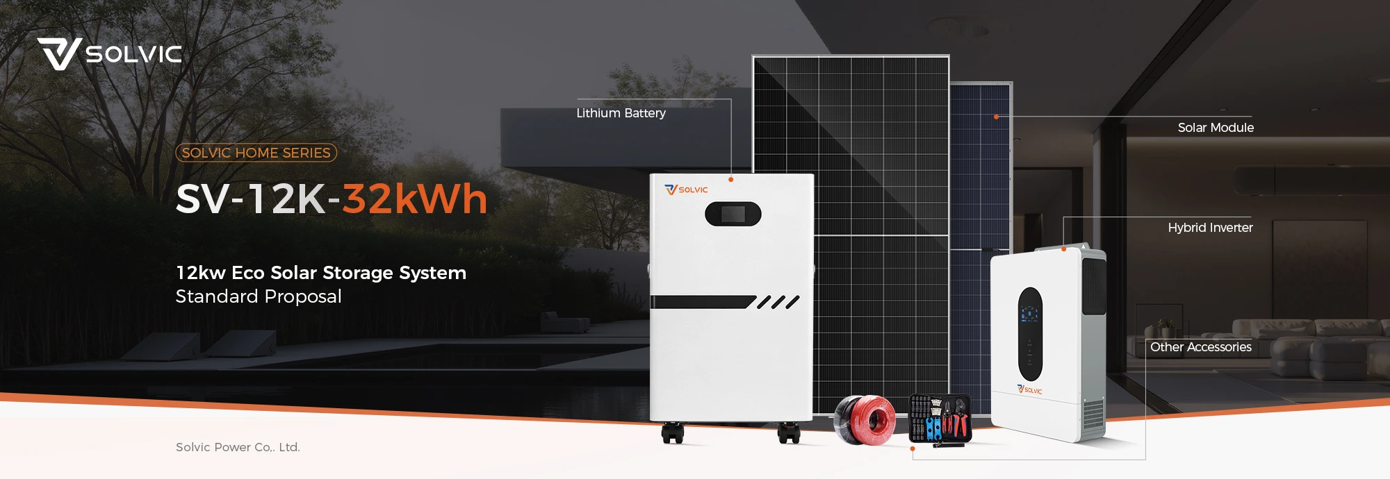 Solvic 12kW Eco solar storage system poster – US residential home with solar panels on roof, wall-mounted hybrid inverter and battery, 120/240V split phase backup power for whole home in North America